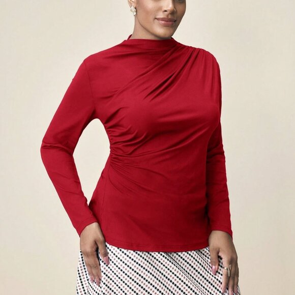 Curvy Sz 2X! Red Mock Neck Rouched Long Sleeve Top | Bold Luxe Layer - Picture 1 of 8